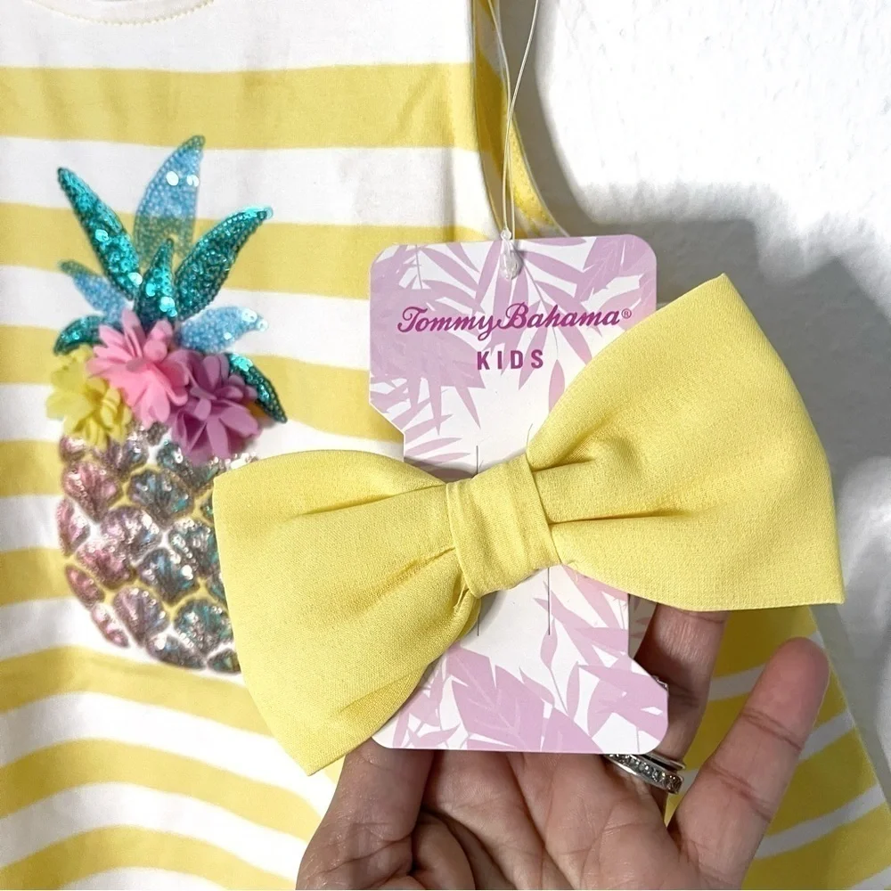 TOMMY BAHAMA Girls 3D sequins pineapple striped Dress With Hair Clip size M